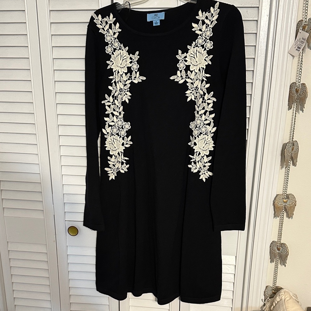 CeCe Black Dress with White Floral Design
